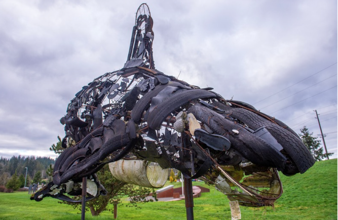 Greyson the Whale — sculpture made from beach debris by Summit Expeditionary Academy students