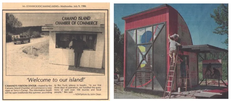 The original Camano Island visitor center at Terry's Corner, 1986, and construction of the Gateway building in 1999