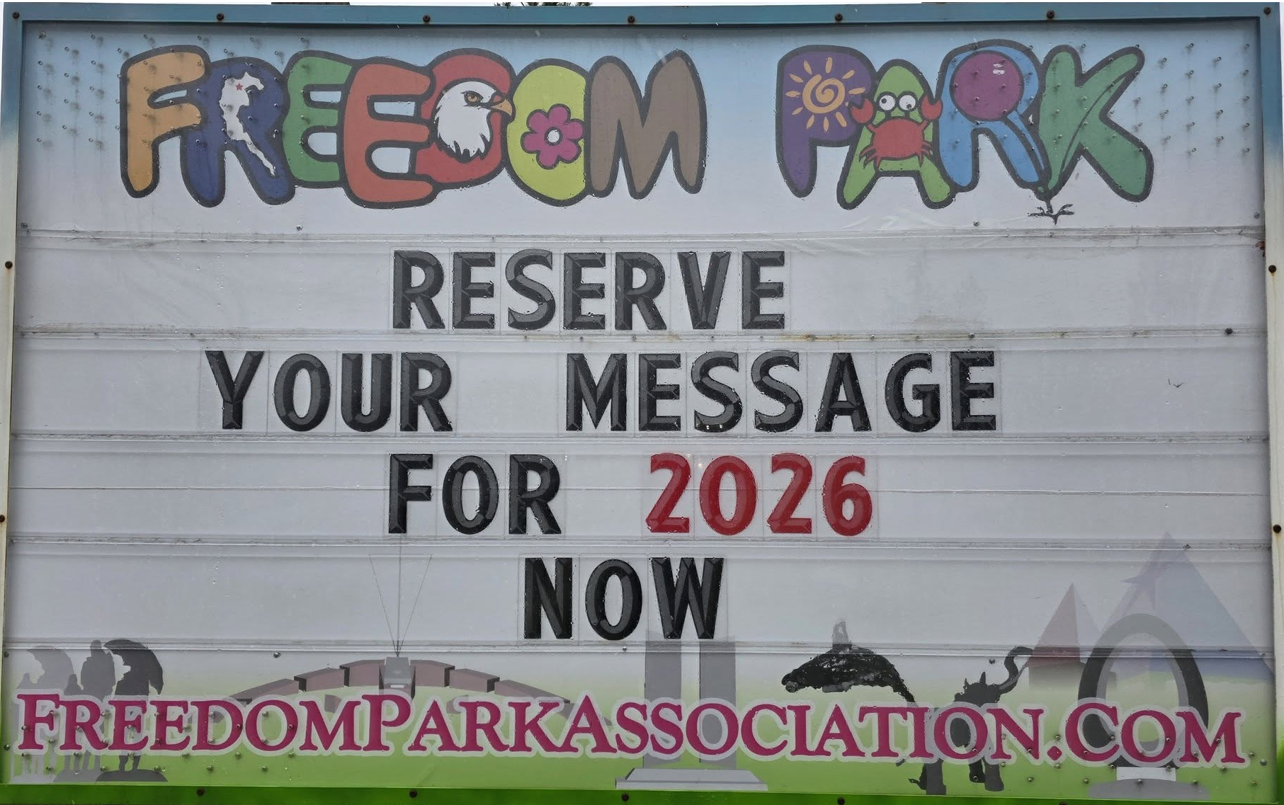 The Freedom Park sign at the gateway to Camano Island, Washington